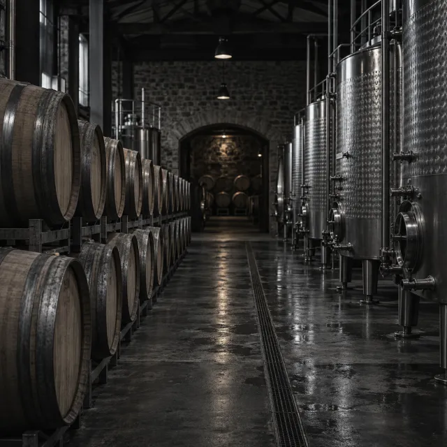 Barrels and fermentation tanks in a winery